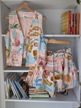 Paper Heart Fruit Print Two-Piece Set Linen Blend Pastel Size Large Summer Set